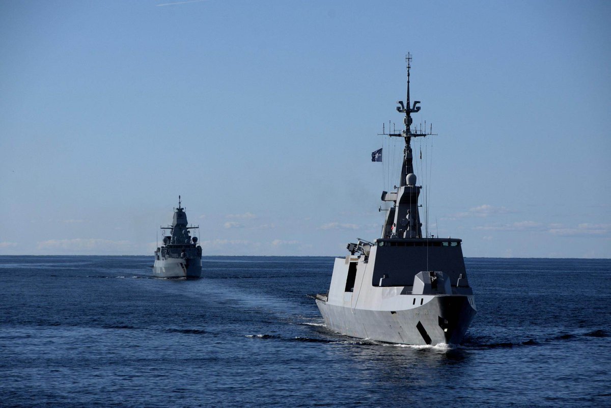 NATO_MARCOM's tweet photo. French frigate La Fayette and German frigate Hessen, assigned to SNMG1, patrols and conduct maritime exercises in the Baltic Sea. NATO maritime assets are constantly operating in concert with Allies and partners in coordination with Air and Land Forces. Proof that we are #StrongerTogether #WeAreNATO