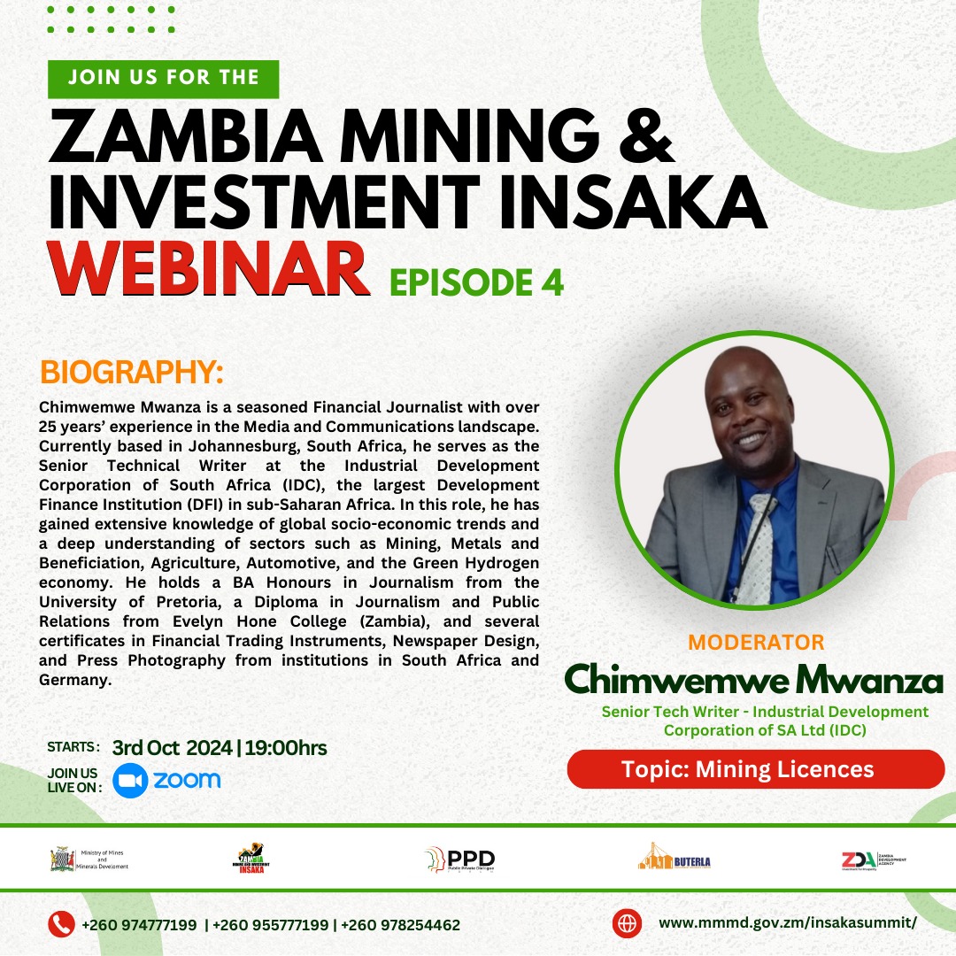 ZAMII2024's tweet photo. Join us for the 4th Episode of our Webinar this Thursday, moderated by Chimwemwe Banda, Senior Tech Writer at Industrial Development Corporation SA Ltd.
Register today.
https://t.co/aTG3mhOSJp
#100yearsofmining #zambiamining #insaka #criticalminerals #mining #mininglicense https://t.co/aW1CAurlwd