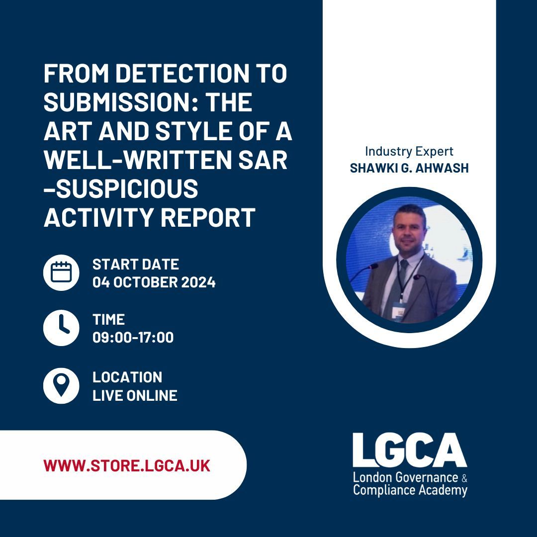 LGCA_UK's tweet photo. Join our live course, "𝗙𝗿𝗼𝗺 𝗗𝗲𝘁𝗲𝗰𝘁𝗶𝗼𝗻 𝘁𝗼 𝗦𝘂𝗯𝗺𝗶𝘀𝘀𝗶𝗼𝗻," and learn how to craft effective Suspicious Activity Reports (SARs) that meet FIU standards.

Learn More | https://t.co/RsmlCEqLRE https://t.co/Ulb2bsJmeY