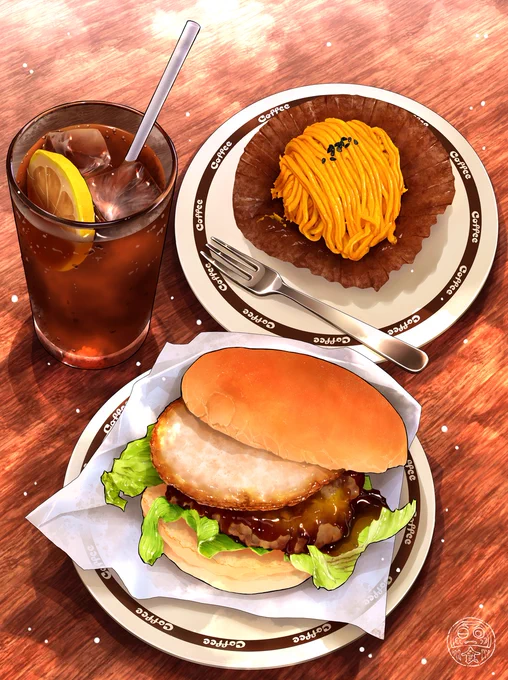 お月見てりやきバーガー と 芋のモンブラン イラスト Full moon teriyaki burger and Sweet potato mont blanc illustration 50 