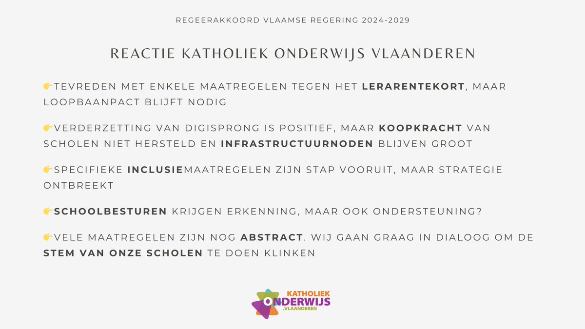 Zaterdag kwam de nieuwe Vlaamse regering tot een regeerakkoord voor de periode 2024-2029. KathOndVla nam de tijd om haar netwerk van schoolbesturen te consulteren en reageert na bijeenkomst van de raad van bestuur via deze eerste reactie: bit.ly/3XMatSG