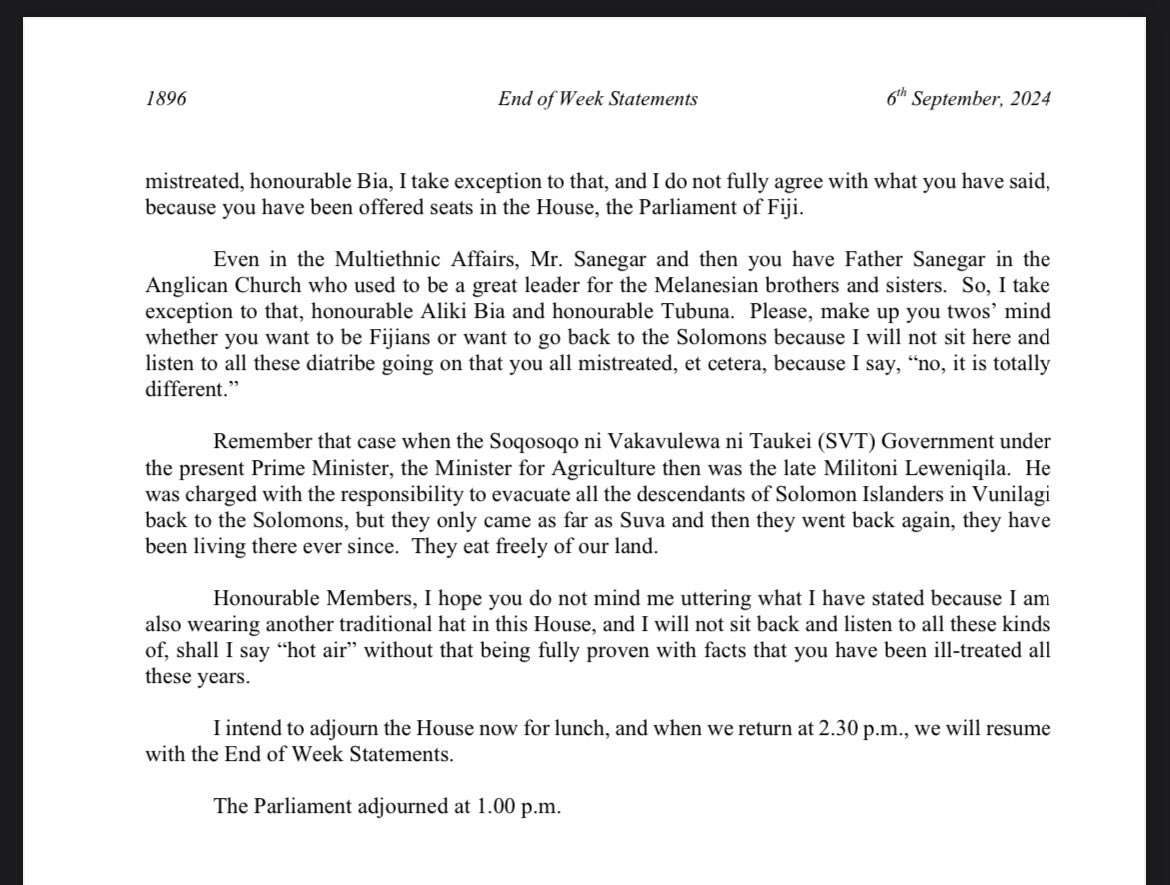 6 September Hansard excerpt 👇🏾 

MP Aliki highlighted discriminatory practices against the Blackbirding descendants incld their turaga ni koro getting paid less than those of iTaukei villages and the Speaker attacked him and gaslighted their experiences 😬#TeamFiji 1/