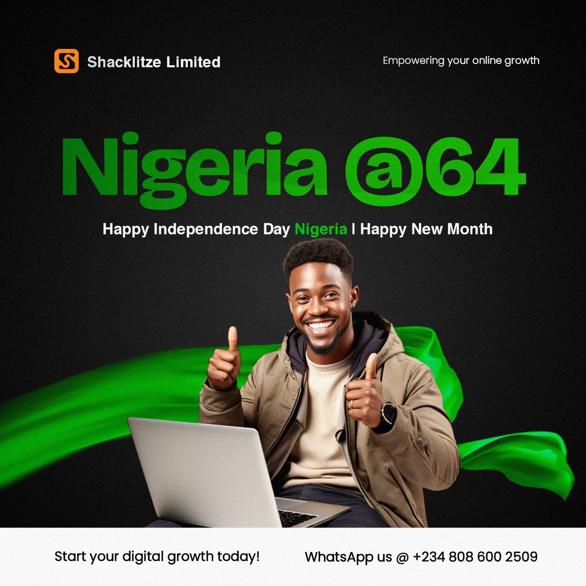MkcharisL's tweet photo. 🇳🇬 Happy Independence Day, Nigeria! 🇳🇬

Today, we celebrate 64 years of unity, strength, and progress! At Shacklitze Digital Marketing Agency, we are proud to be part of a nation that is full of vibrant energy, resilience, and boundless potential. 🌟 https://t.co/QqG7FYzDcW