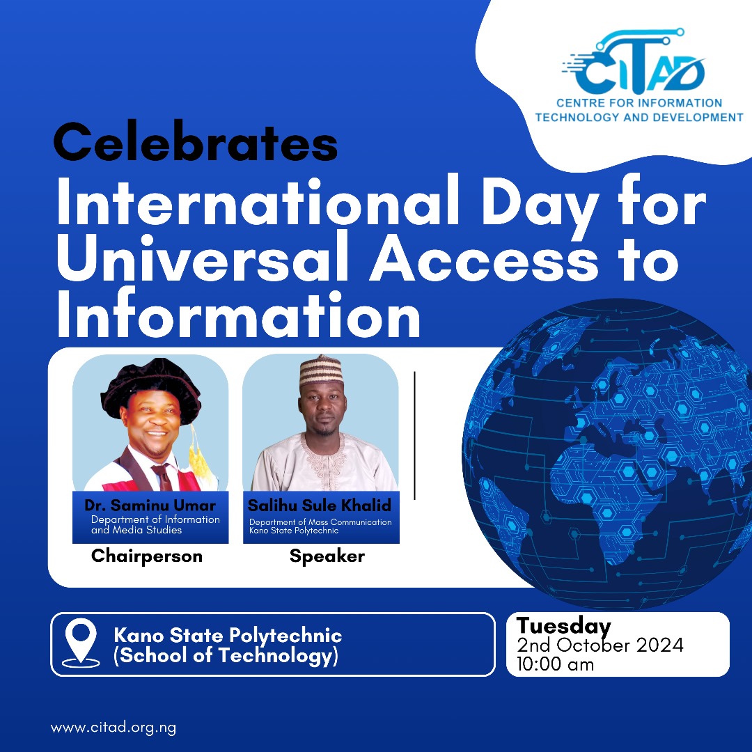 CITAD Online Radio (@citadradio) on Twitter photo Join us tomorrow at the School of Technology, Kano, as we celebrate the International Day of Universal Access to Information. The discussion will focus on the importance of the online space for access to information. This is a discussion you will surely not live to miss <a href="/YZYau/">Yunusa Ya'u</a> Join us tomorrow at the School of Technology, Kano, as we celebrate the International Day of Universal Access to Information. The discussion will focus on the importance of the online space for access to information. This is a discussion you will surely not live to miss <a href="/YZYau/">Yunusa Ya'u</a>