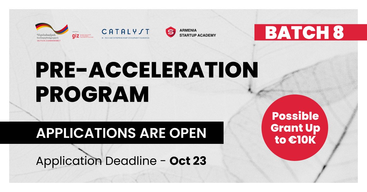 CatalystASA's tweet image. #StartupAcademy has opened applications for #Batch8 of its Pre-acceleration Programme! Focus areas: life sciences, connected hardware, and B2B SaaS. 

Supported by the German Government and implemented by GIZ.

Apply here: shorturl.at/sONqd
Website - shorturl.at/wKBsY