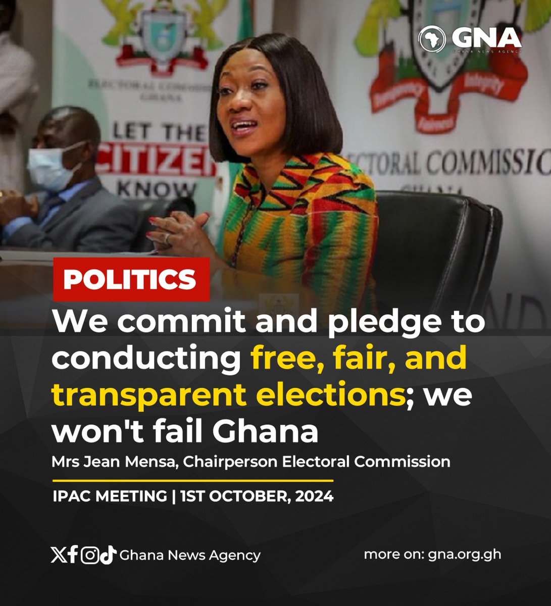 GHANANEWSAGENCY's tweet photo. We commit and pledge to conducting free, fair, and transparent elections; we won't fail Ghana - Jean Mensa, Chairperson, Electoral Commission.

#GhanaNewsAgency #GNA #IPACMeeting 
#Election2024 
IPAC | Bawumia | Mahama | President Akufo-Addo | Accra Sports Stadium | 5k USD https://t.co/QFjaVisNQ5