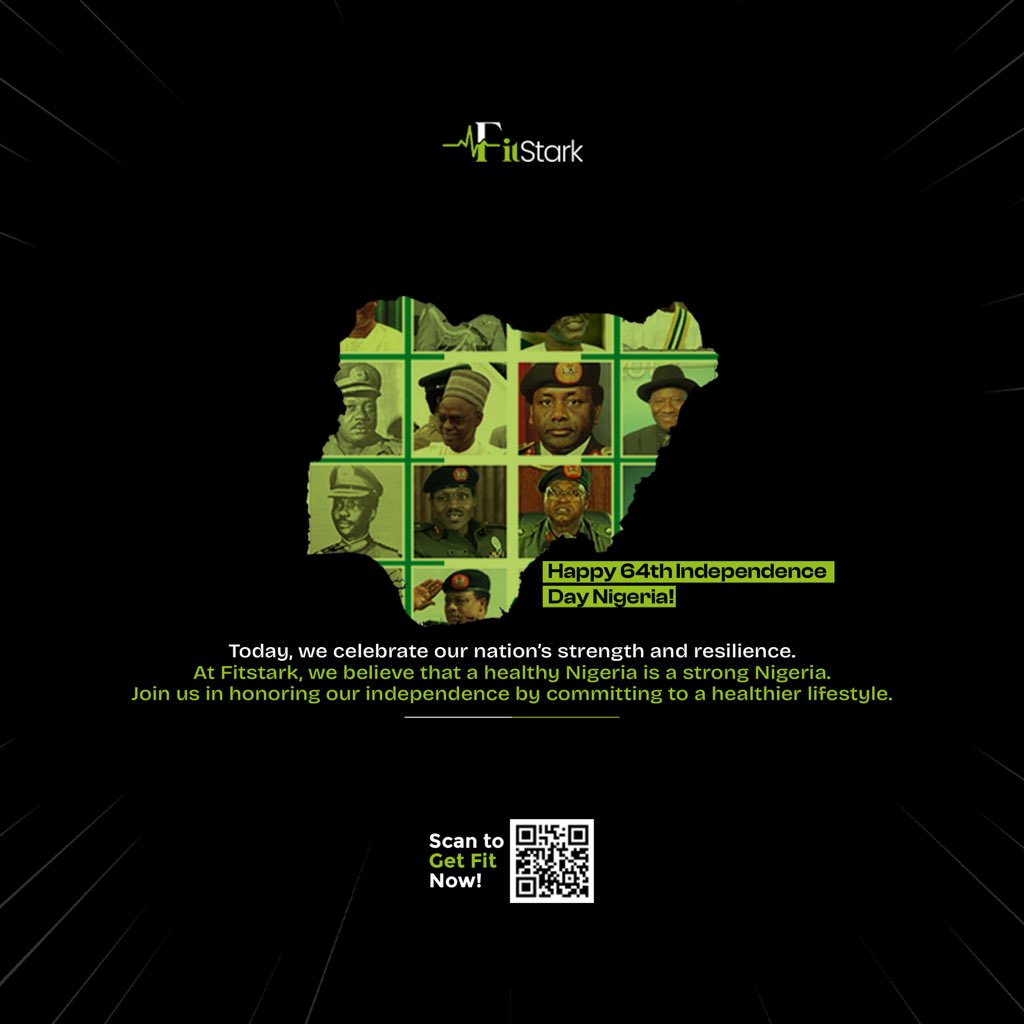 Happy 64th Independence Day Nigeria!
Today, we celebrate our nation’s strength and resilience. 

At Fitstark, we believe that a healthy Nigeria is a strong Nigeria. 

Join us in honoring our independence by committing to a healthier lifestyle.