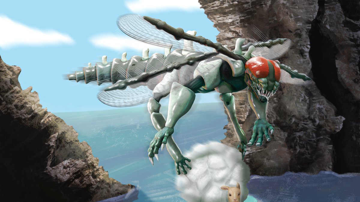 McWhopper__'s tweet photo. The Man-Eater Dragonfly...  can reach up to 3 meters in length and is always found near bodies of water, hunting for large prey. Its arms allow it to brace itself on land or grab its prey and carry them off while flying.

#Horror #Creatures #Halloween #2d #3dartwork #art https://t.co/yhTMxqOHSR