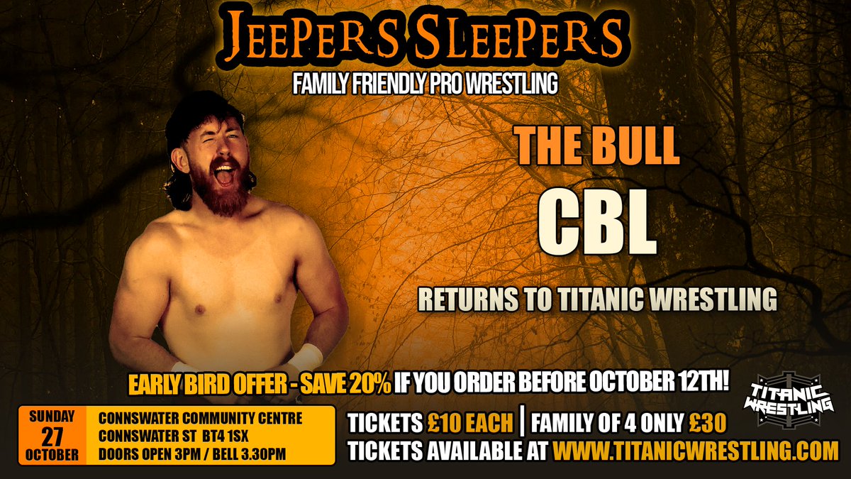 YUP Longford!!

The Onions in your Burger, the Sugar in your Tea, "The Bull" CBL returns to Titanic Wrestling for first time in nearly 2 years on 27th Oct.

Get your tickets now at titanicwrestling.com - Save 20% if you order tickets before October 12th!