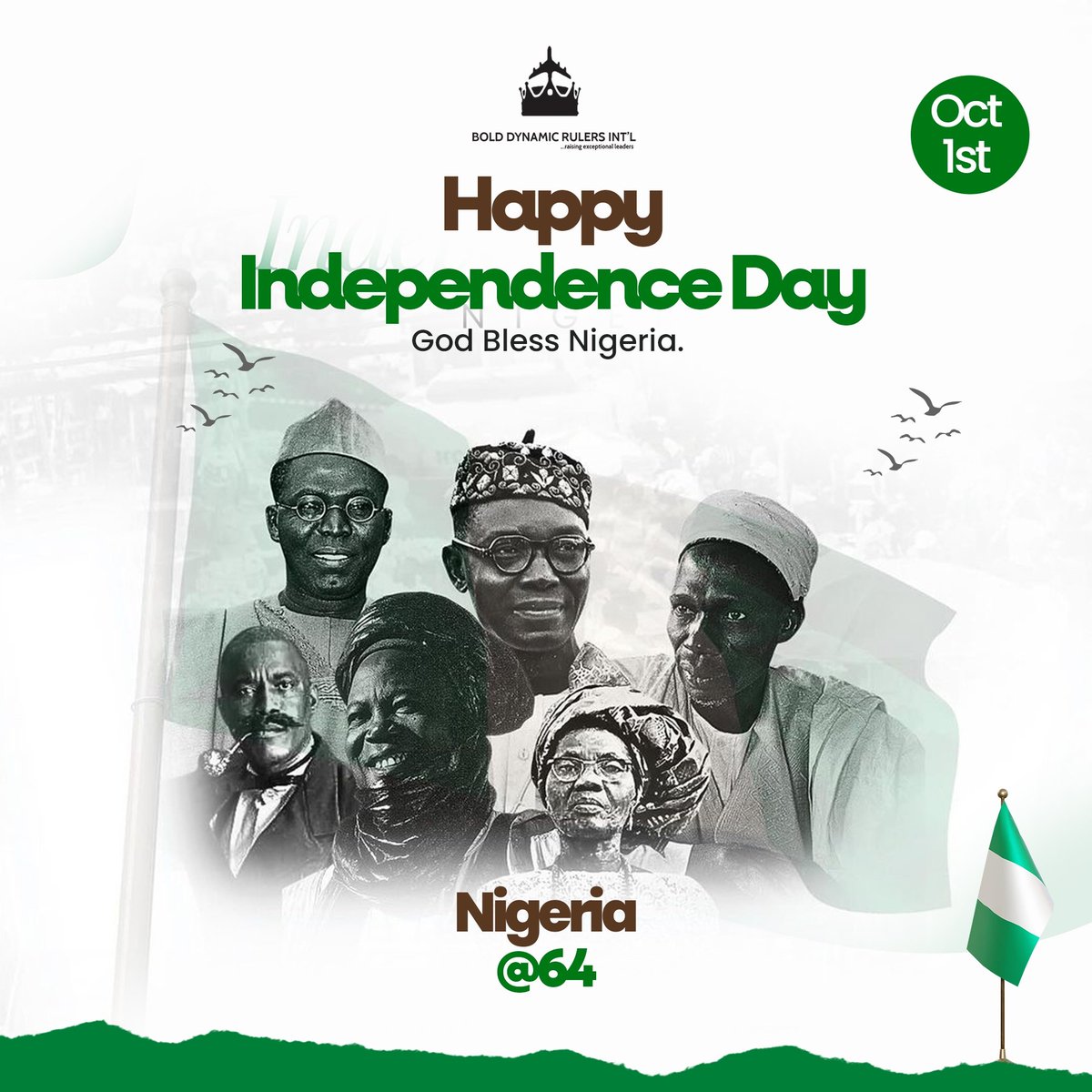 bdrtoday's tweet photo. Happy 64th Independence Day, Nigeria🇳🇬

BDR celebrates the resilience and determination of our great nation.
As we commemorate this milestone, we honor the sacrifices of our past heroes and reaffirm our commitment to raising leaders who will shape Nigeria's future. https://t.co/5qYSgejBKK