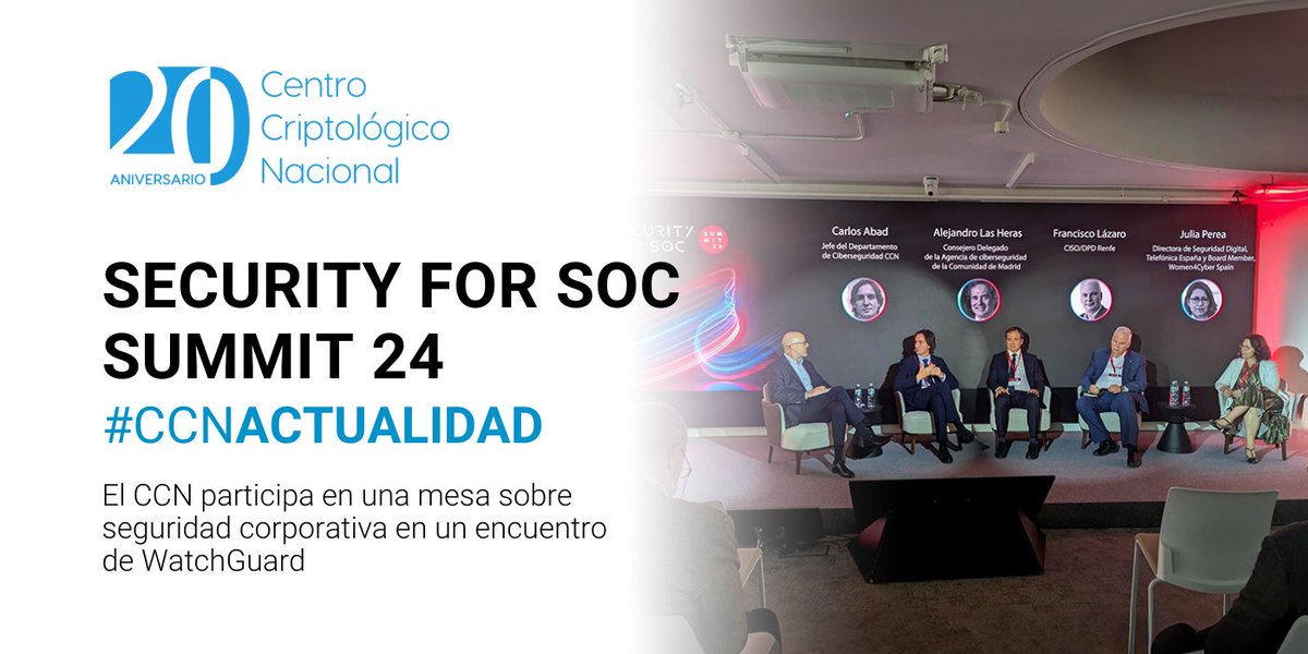 CCNCERT's tweet photo. #CCNACTUALIDAD Carlos Abad, jefe del Departamento de #Ciberseguridad del CCN, ha presentado la estrategia del organismo en #SOCSummit de @watchguard y ha participado en una mesa con representantes de la Agencia de Ciberseguridad de la @ComunidadMadrid, @Renfe y @Telefonica. https://t.co/F4HFWLQZg6