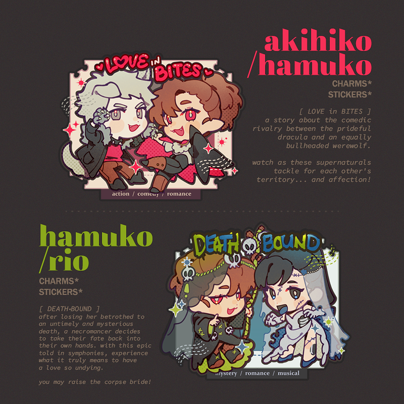 noctilin's tweet photo. my halloween specials! akiham and hamrio halloween movie themed charms (and stickers) ✨ https://t.co/fSn11kbhMm