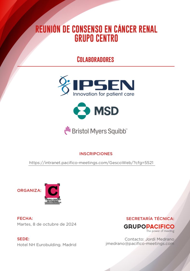 GrupoCentroGU (@centrogu) on Twitter photo ¿Quieres ayudarnos a desarrollar un consenso en el manejo de pacientes con cáncer renal? Pues te esperamos el 8 de octubre en el Eurobuilding, a partir de las 16h, para discutir sobre las principales controversias existentes actualmente.
Inscripción aquí: intranet.pacifico-meetings.com/GescoWeb/?cfg=… ¿Quieres ayudarnos a desarrollar un consenso en el manejo de pacientes con cáncer renal? Pues te esperamos el 8 de octubre en el Eurobuilding, a partir de las 16h, para discutir sobre las principales controversias existentes actualmente.
Inscripción aquí: intranet.pacifico-meetings.com/GescoWeb/?cfg=…