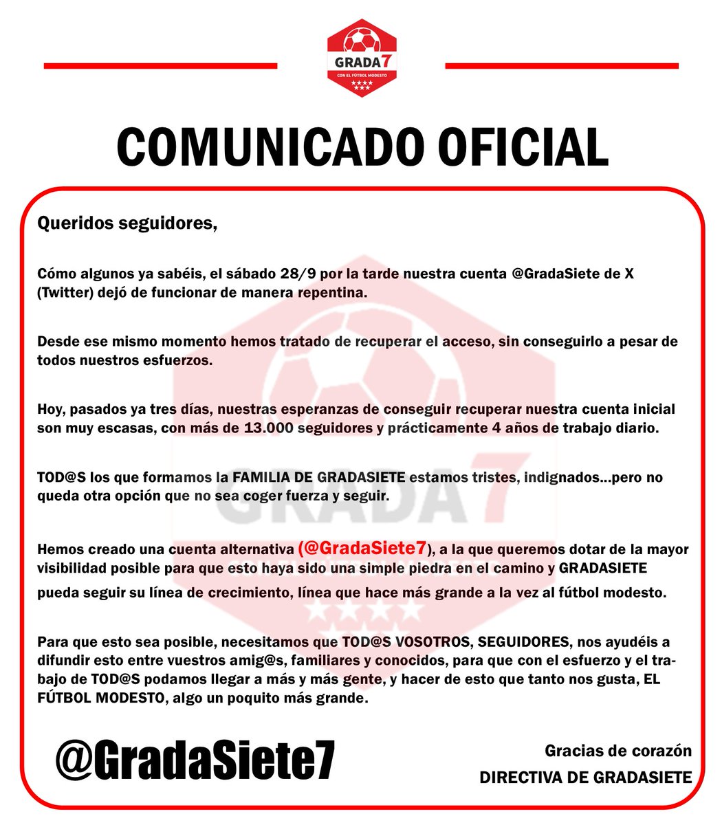 🚨COMUNICADO OFICIAL🚨

Seguidores, os necesitamos‼️

Porque vosotros también sois parte de la FAMILIA de GradaSiete, os pedimos que compartáis, difundáis y hagáis llegar lo más lejos posible este tweet.

❤️GRACIAS