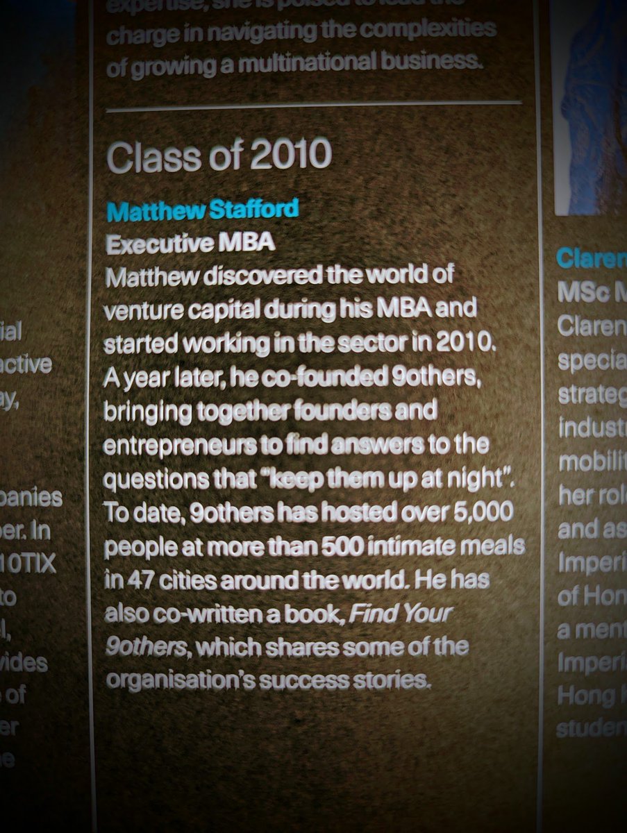 Thanks <a href="/ImperialBiz/">Imperial Business School</a> for all those classes back in 2008... I learned all about VC, started working for one in 2010 and now am one 🥳

And of course that all went into co-founding <a href="/9others/">9others</a>  with @katielewis66 2011, which is now 5,000+ people, 45+ cities and 1 book 📙

Check out p63