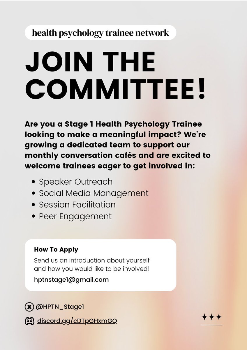 Health Psychology Trainee Network (MSc/Stage 1) (@hptn_stage1) on Twitter photo 📣 Do you want to drive meaningful discussions and connect with fellow #HealthPsychology trainees? We're expanding our team to support our monthly conversation cafés and would love for you to join us. Email hptnstage1@gmail.com to get involved! 🌟 📣 Do you want to drive meaningful discussions and connect with fellow #HealthPsychology trainees? We're expanding our team to support our monthly conversation cafés and would love for you to join us. Email hptnstage1@gmail.com to get involved! 🌟