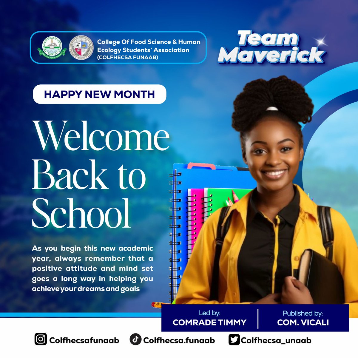 colfhecsafunaab's tweet photo. LET THE COUNTDOWN BEGIN!!!

Team MAVERICK welcomes all Colfhecsites to a new month of new beginnings and fresh start to another academic session, which is packed up with opportunities to make new decision this session

Happy new month!
Happy independence day!!
Happy Resumption!!! https://t.co/YqpOeDLLma