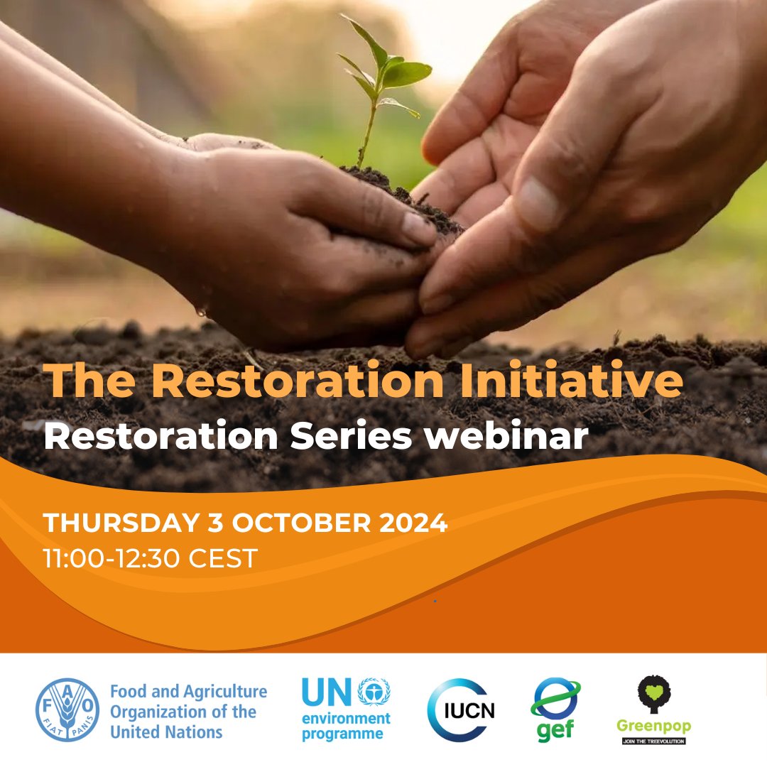 FAO Forestry (@faoforestry) on Twitter photo Join the Restoration Initiative for a webinar to share best practices in its work to overcome barriers to sustainable restoration across Africa & Asia.
🗓️Thursday 3 October 2024
⏰11-00-12:30 CEST
🔗ow.ly/EXI150TzT7z
#GenerationRestoration
<a href="/IUCN/">IUCN</a> <a href="/UNEP/">UN Environment Programme</a> <a href="/theGEF/">Global Environment Facility (GEF)</a> <a href="/Greenpop/">Greenpop</a> Join the Restoration Initiative for a webinar to share best practices in its work to overcome barriers to sustainable restoration across Africa & Asia.
🗓️Thursday 3 October 2024
⏰11-00-12:30 CEST
🔗ow.ly/EXI150TzT7z
#GenerationRestoration
<a href="/IUCN/">IUCN</a> <a href="/UNEP/">UN Environment Programme</a> <a href="/theGEF/">Global Environment Facility (GEF)</a> <a href="/Greenpop/">Greenpop</a>