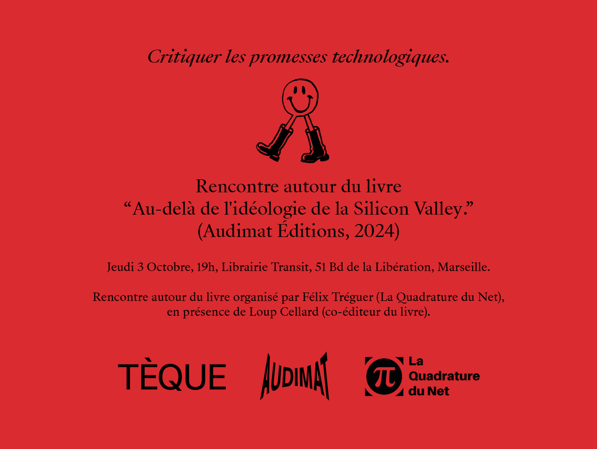 Revue Tèque (@revueteque) on Twitter photo Une rencontre Tèque à Marseille ce jeudi avec <a href="/laquadrature/">La Quadrature du Net</a> pour parler idéologie de la Silicon Valley 👇 Une rencontre Tèque à Marseille ce jeudi avec <a href="/laquadrature/">La Quadrature du Net</a> pour parler idéologie de la Silicon Valley 👇