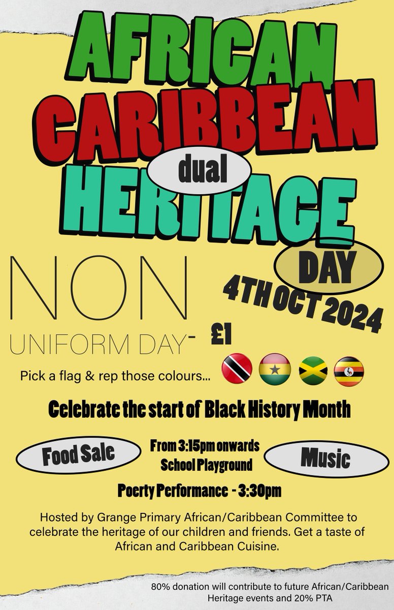 Please join us this Friday for our African Caribbean dual Heritage day. We will have a poetry performance in the playground after school!