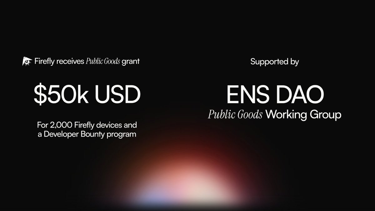 Firefly (firefly.eth) (@fireflypocket) on Twitter photo We're excited to share that Firefly has received a $50k public goods grant from the <a href="/ENS_DAO/">ensdao.eth</a> 🎉
This grant will support Firefly's mission of building an accessible (& fun!) open-source Ethereum hardware wallet and fund 2,000 Firefly devices and a developer bounty program ✨ We're excited to share that Firefly has received a $50k public goods grant from the <a href="/ENS_DAO/">ensdao.eth</a> 🎉
This grant will support Firefly's mission of building an accessible (& fun!) open-source Ethereum hardware wallet and fund 2,000 Firefly devices and a developer bounty program ✨