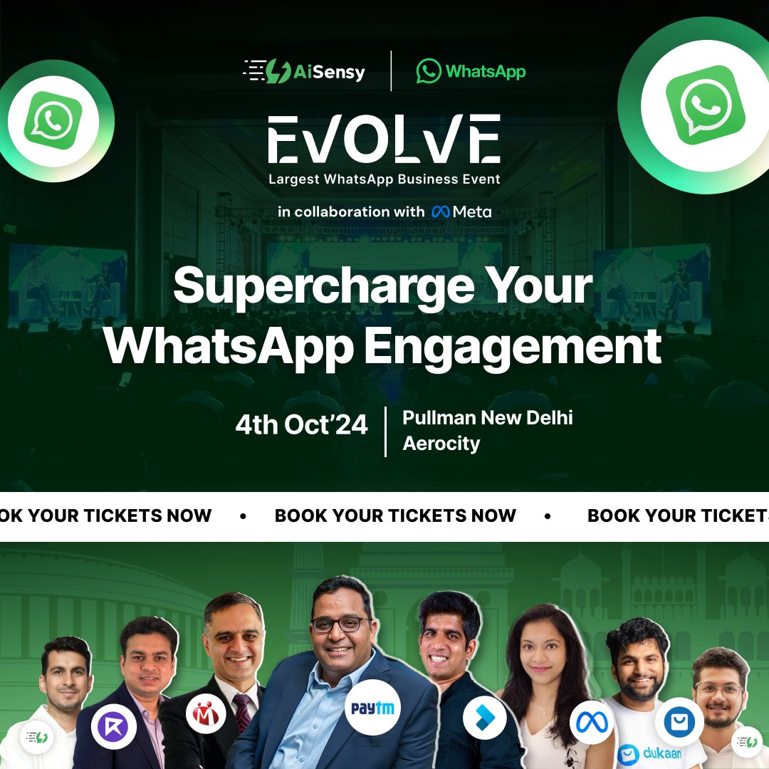 Evolve, Largest WhatsApp Business event by AiSensy is coming to Delhi NCR at Hotel Pullman. 

Get ready for:
⚡Expert sessions from leaders at Paytm, Meta, PhysicsWallah 
⚡ 150+ WhatsApp Use Cases, 15+ sessions

👉 Register Now: get.aisensy.com/evolve-delhi

#evolvewithaisensy