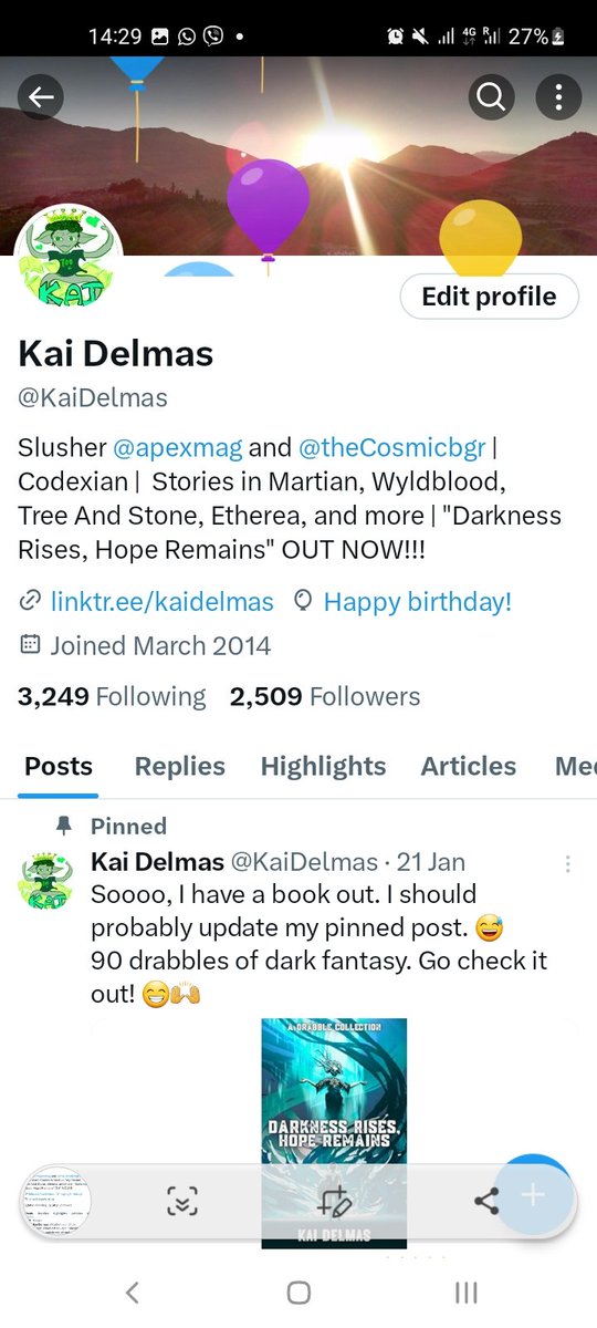 I have balloons. 👀
How about celebrating with my by checking out my new website and reading some of my stories. 🥳🎉🙌
kaidelmas.com/publications
Or maybe by buying my drabble collection. 👀😅
