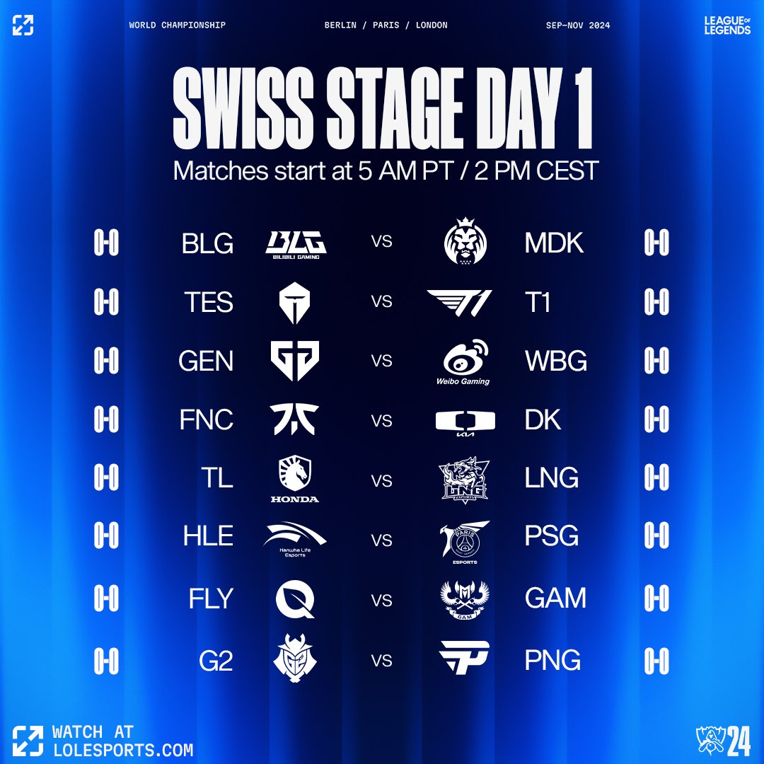 Your schedule for day 1 of the #Worlds2024 Swiss Stage this Thursday!