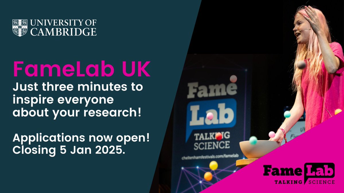 Excited to announce that applications to the Cambridge Heats of @FameLabUK are now OPEN!  It's the largest public facing, science communication competition in the world and we are delighted to be the regional hub for the East of England. More details cam.ac.uk/public-engagem…