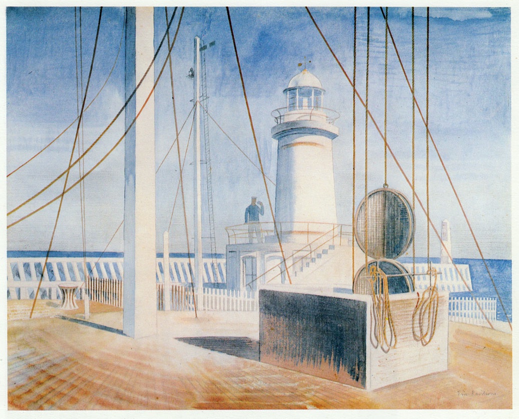 Ravilious1942's tweet photo. Newhaven Harbour, Eric Ravilious, 1935. It depicts the harbour lighthouse in this famous East #Sussex port, much beloved by Ravilious. The original artwork is in a private collection. https://t.co/JdtMulvmU4