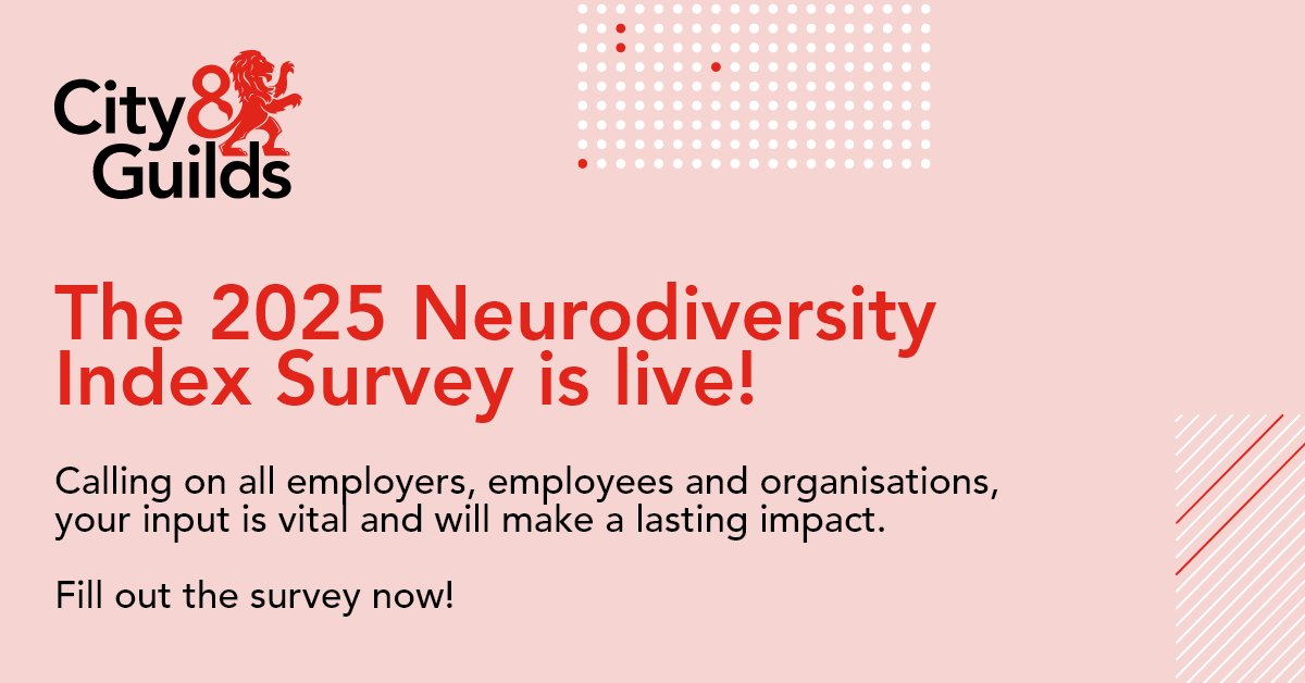 cityandguilds's tweet photo. The 2025 #Neurodiversity Index Survey is live! 🙌

This survey will help inform our 2025 Neurodiversity Report, bringing attention to neurodiversity in the workplace for individuals and organisations.

Fill out the survey now! 👉 https://t.co/IeUxOOxRIR https://t.co/3X7TofxmJP