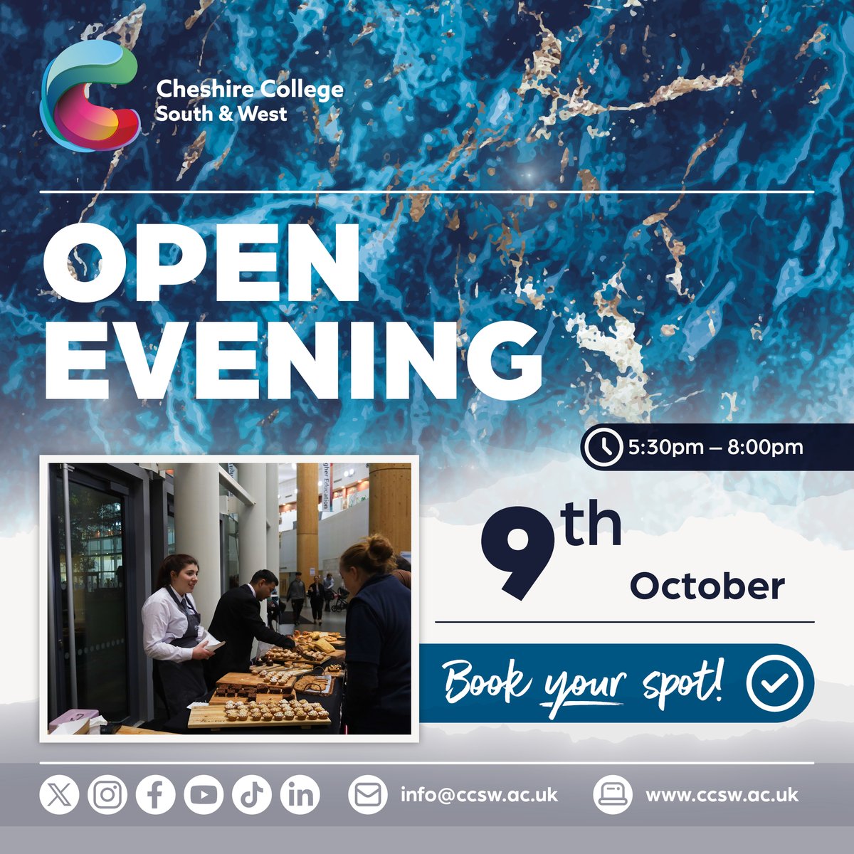 Open Evening

Our first open evening is Wednesday 9th Oct, 5:30 pm- 8:00 pm. If you would like more information about our courses or look around our campus, this is for you.

Book your place here- Open Evening 9 October - Cheshire College South &amp; West (ccsw.ac.uk)