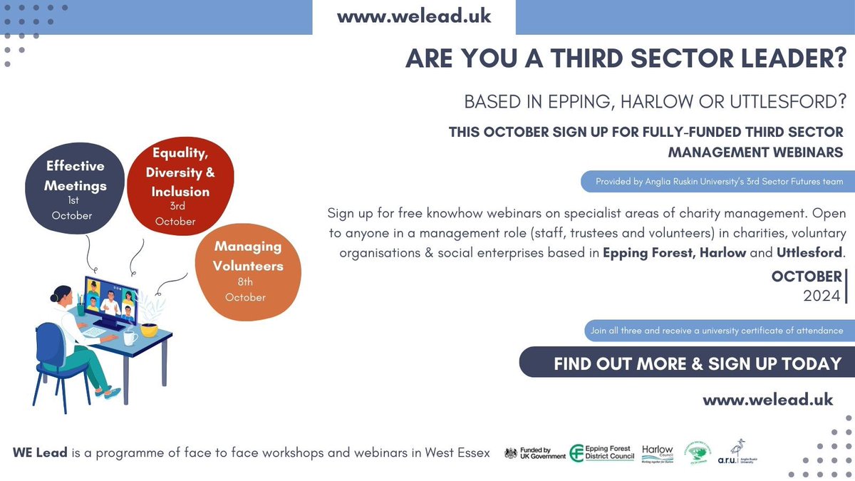 If you are a 3rd Sector leader based in Harlow, Epping or Uttlesford this might be for you!

Fully funded management webinars- open to anyone within charity, voluntary organisation or social enterprise management roles 👇
<a href="/BigUpHarlow/">#BigUpHarlow</a>