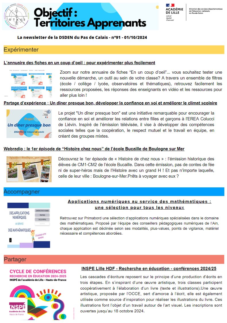 Le newsletter OTA #91 est en ligne ! Au sommaire : 
➡️Annuaire des fiches "en un coup d'oeil" pour expérimenter + facilement
➡️Partage d'expérience EREA de Liévin
➡️Applications numériques et maths avec <a href="/eduscol_prim/">éduscol Primàbord</a> 
➡️Cycle de conférences <a href="/INSPE_Lille/">INSPÉ Lille HdF</a> 

ota62.site.ac-lille.fr/ota-newsletter…