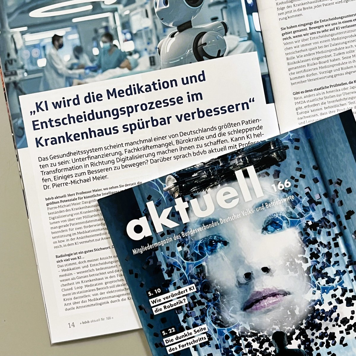 bdvb_ev's tweet image. Jetzt im bdvb aktuell!

Im Interview erklärt Prof. Dr. Pierre-Michael Meier, wie KI-Anwendungen die Medikation und die Entscheidungsprozesse in Krankenhäusern grundlegend verändern werden. 

Jetzt lesen➡️epaper.koellen.de/bdvb/166/