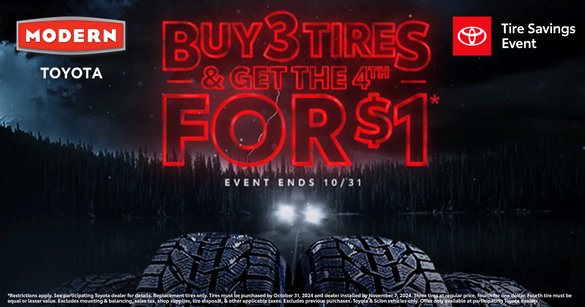 moderntoyota's tweet photo. Buy 3 tires and get the 4th for just $1! It’s the perfect time to upgrade your ride and keep it rolling smoothly.
Schedule your next visit using the link below:
https://t.co/EBinWO7zRy https://t.co/z5myIWBP3C