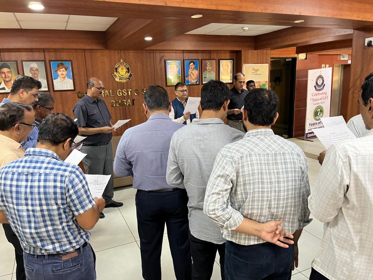 Officers of CGST Surat taking Swachchata pledge as a part of the 4S initiative (Swabhav Swachhata Sanskaar Swachhata), on 01.10.2024 in the presence of the Commissioner, CGST Surat.

<a href="/cbic_india/">CBIC</a> 
<a href="/cgstvdrzone/">CGST Vadodara Zone</a> 
<a href="/NacinVadodara/">NACIN, Vadodara</a> 
<a href="/AhmedabadDgts/">DGTS AHMEDABAD CBIC</a>