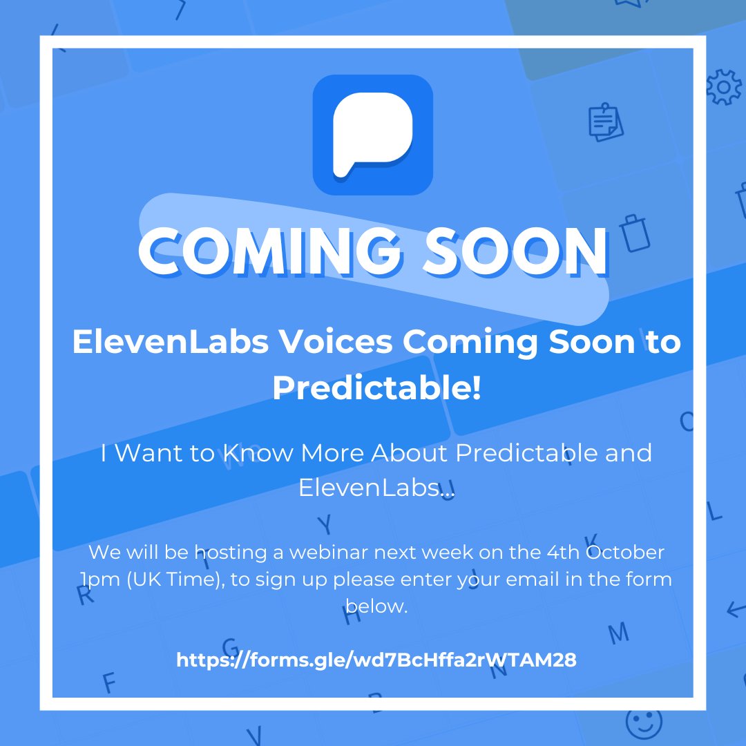 ElevenLabs Voices Coming Soon to Predictable...We will host a webinar with Richard Cave <a href="/speedoftrust27/">Richard Cave 🇺🇦</a> next week on October 4th at 1 p.m. (UK Time). To sign up, please enter your email using the form below.

forms.gle/wd7BcHffa2rWTA…