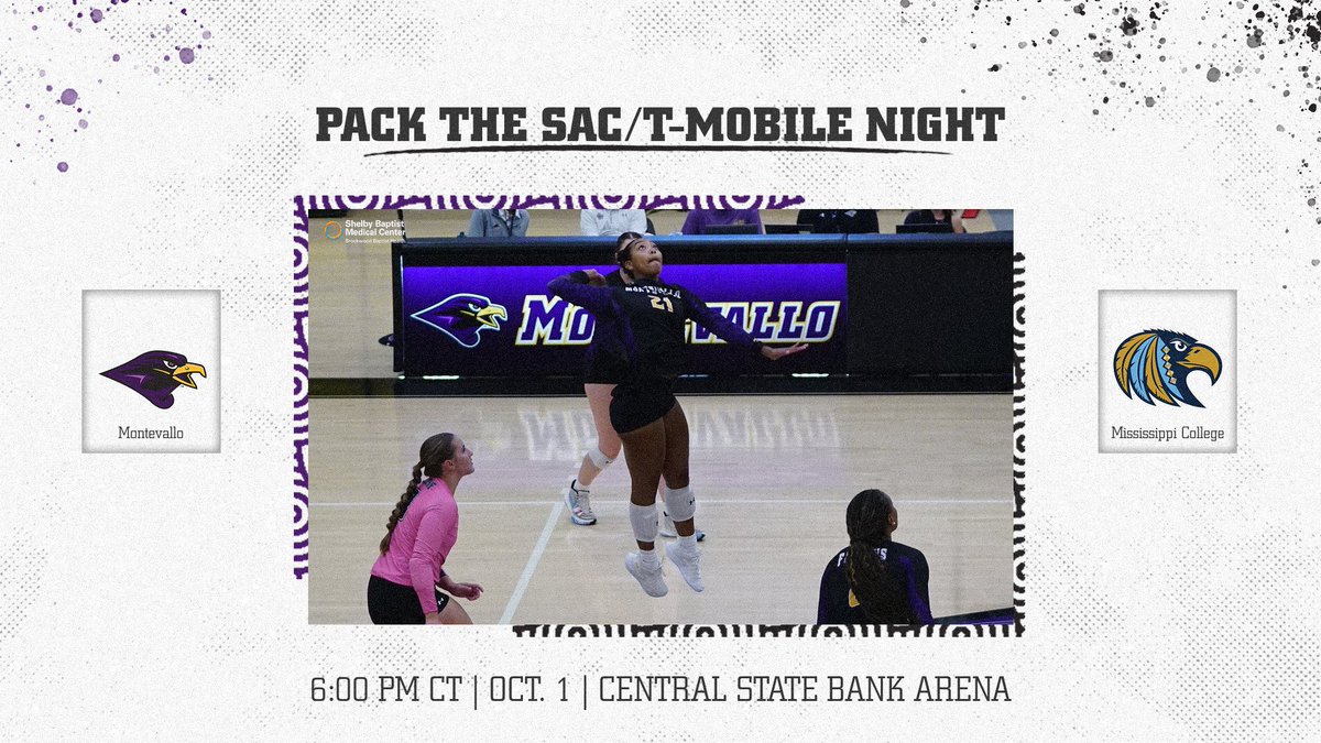 MontevalloVB's tweet photo. 🏐PACK THE SAC/T-Mobile Night🏐

Make sure to cheer on the Falcons tonight as we celebrate T-Mobile Night and take on Mississippi College! Food trucks, games and music out front starting at 4️⃣ PM!!
Let’s PACK THE SAC‼️

#TogetherWeRise #SeaofPurple #PACKtheSAC https://t.co/0H5yGJuKgS