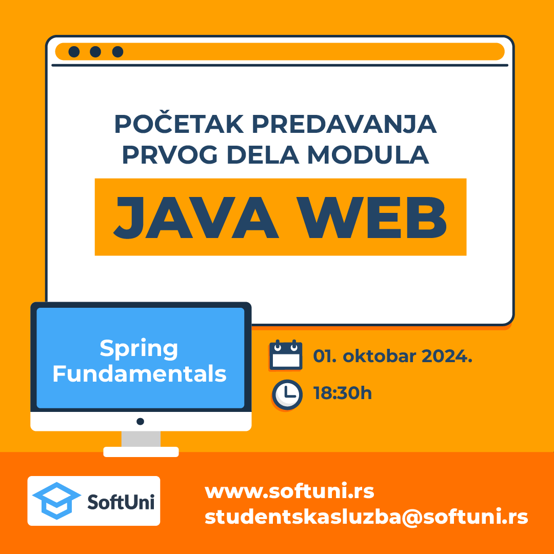 softunirs's tweet image. 🎉 Danas u 18:30h počinju predavanja prvog dela modula Java Web – kurs Spring Fundamentals! 🎉  Srećno svim polaznicima koji kreću na ovo uzbudljivo putovanje kroz osnove Spring frameworka! 🚀 
#SoftUni #Java #JavaWeb