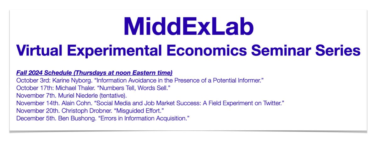A new season of the MiddExLab experimental economics series drops this week! 

Seminars are on Zoom at noon Eastern (NYC) Time and open to all. 

If you'd like to attend, you can sign up on our website to receive the distribution emails sites.google.com/view/middexlab…