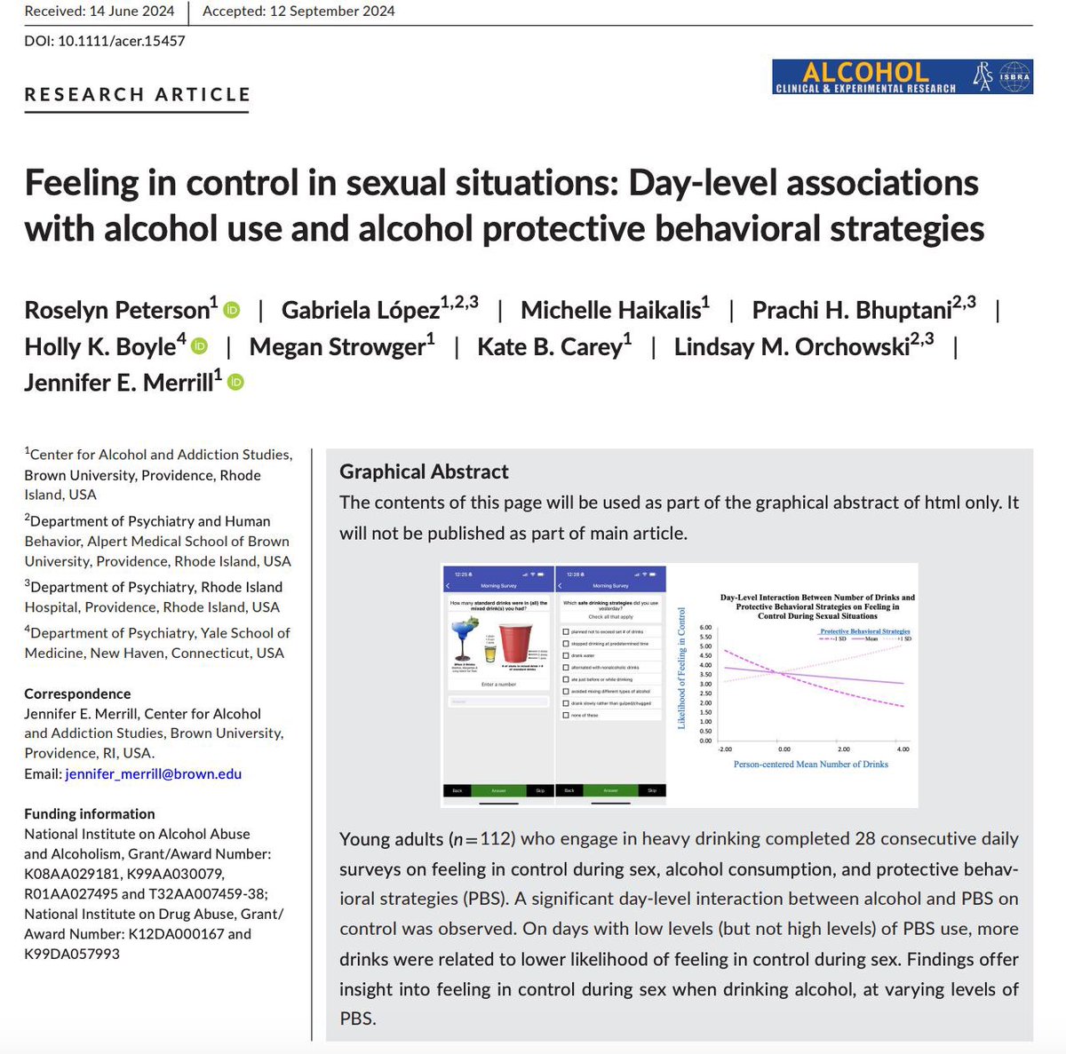 New paper in ACER with both T32 mentors and many others! Feeling in control during sex was less likely on days participants used less protective behaviors while drinking alcohol 🍺 #AcademicChatter #AcademicTwitter #AcademicX 

authorservices.wiley.com/index.html#reg…