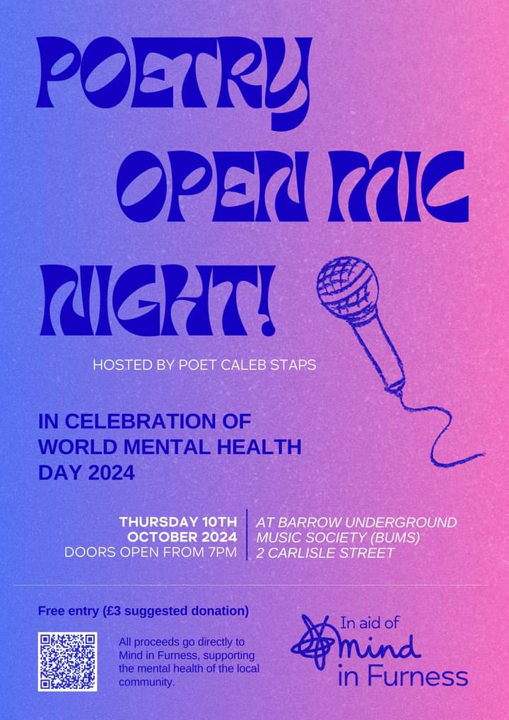 Join us for our first ever Poetry Open Mic Night to celebrate World Mental Health Day on 10th October in fabulous local venue BUMS and hosted by the equally fabulous Caleb