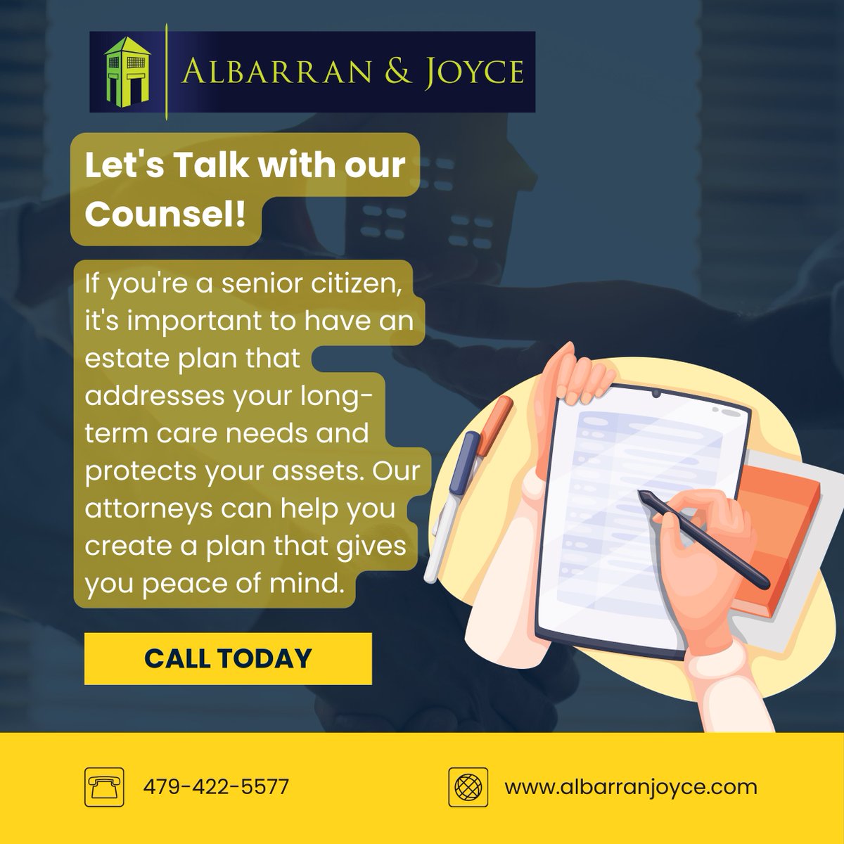 Plan for Tomorrow, Secure Today 
Protecting your family’s future starts with proper estate planning. Whether it's creating a will, setting up trusts, or ensuring your assets are distributed according to your wishes, our dedicated attorneys.