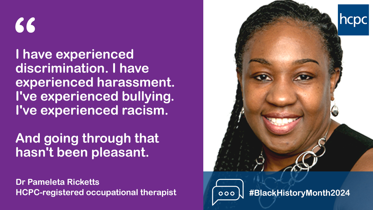 We firmly stand against discrimination, bullying and harassment of all kinds.

For Black History Month, Dr Pameleta Ricketts tells us about experiencing all these things in healthcare. And how she turned them into a passion for change.

hcpc-uk.org/registrants/in…

#BlackHistoryMonth