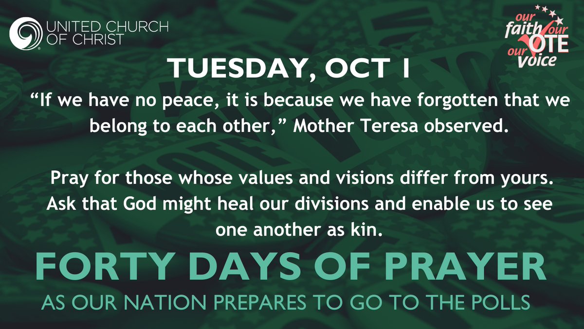 justice_ucc's tweet photo. “If we have no peace, it is because we have forgotten that we belong to each other,” Mother Teresa observed.
🙏🏼 Pray for those whose values and visions differ from yours. Ask that God might heal our divisions and enable us to see one another as kin. #FortyDaysofPrayer https://t.co/6XxjJdQg9R