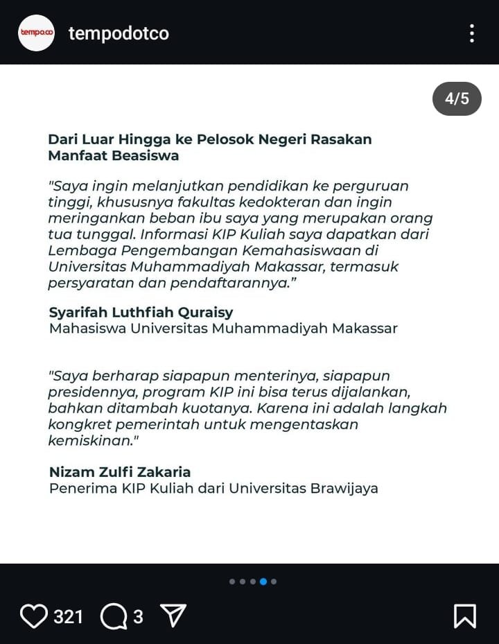 Kemendikbud ternyata punya banyak banget beasiswa yang bisa mewujudkan mimpi jutaan anak Indonesia.

Detil nya bisa kamu cek disini: instagram.com/p/DAbDiXCxLLa