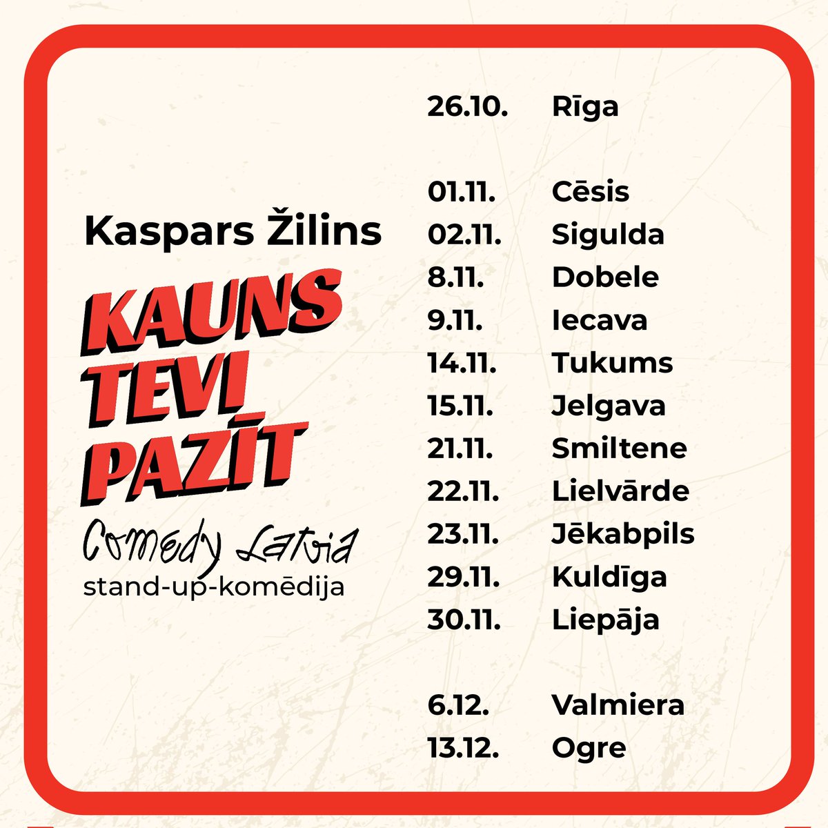 Datumi + pilsētas! 

Guess what!? Mr. Kaspars Žilins dodas 🇱🇻 tūrē ar savu solo "Kauns tevi pazīt!"

Biļetes 🎫 ej.uz/zilins2024