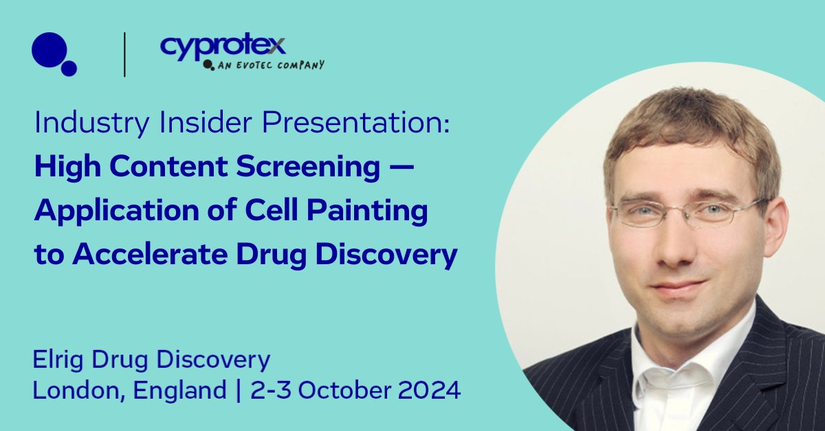 Evotec's tweet photo. Evotec &amp; Cyprotex at ELRIG Drug Discovery 2024, find us at Booth #B20 from 2-3 October!

And don't forget to add our industry Insider Presentation to your agenda!

More details: https://t.co/MuUDEZiEqd

Contact us here: info@evotec.com 

#ELRIG #DrugDiscovery #CellPainting https://t.co/6yb4dEaUtf