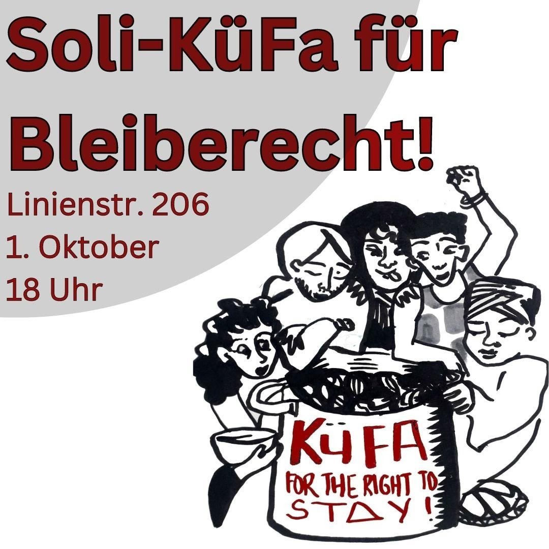 🥘 MORGEN ABENDESSEN: Premium-Küfa mit Essen aus Kamerun zur Unterstützung eines Bleiberechtskampfes!
📍1. Oktober ab 18 Uhr in der Linienstr. 206 
💜 Wir freuen uns auf euch!